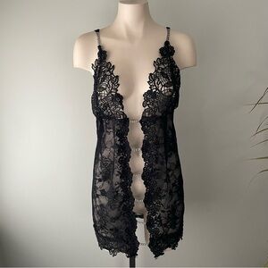 Ann Summers Lace Rhinestone Open Chemise Lingerie Slip Dress Black Goth Gothic